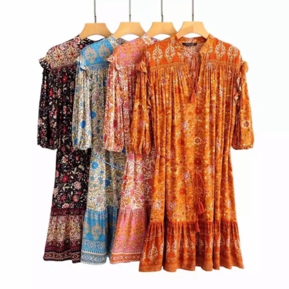 Rust Floral Boho Ruffle 3/4 Sleeve Mini Dress - Picture 9 of 9